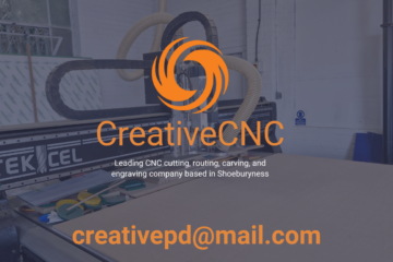 CreativeCNC advertising image featuring the company specialisations in cutting, routing, carving, and engraving. Includes the email in bold at the bottom. Creativepd@mail.com